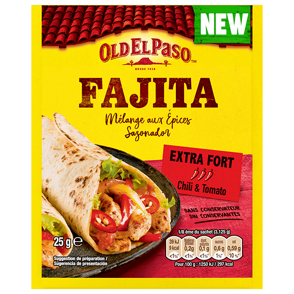 paquet de mélange d'épices pour chili Fajita et tomates Old El Paso extra fort, 25g
